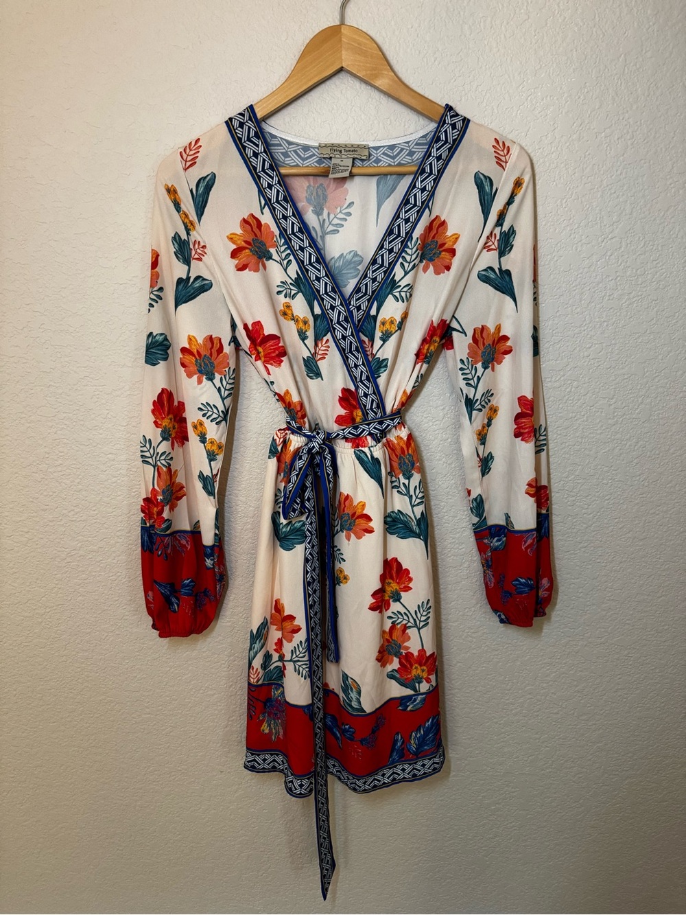 Floral Wrap Dress with Red & Blue Accents